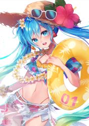 Rule 34 | 1girl, :d, aqua eyes, aqua hair, bikini, blue-tinted eyewear, blush, bracelet, breasts, character name, dutch angle, earrings, eyewear on head, flower, frilled bikini, frills, hair between eyes, hair flower, hair ornament, hat, hatsune miku, hibiscus, highres, holding, jewelry, long hair, looking at viewer, midriff, mizu mado, navel, open mouth, red flower, see-through, short shorts, shorts, simple background, small breasts, smile, solo, stomach, straw hat, summer, sunglasses, swimsuit, tinted eyewear, vocaloid, white-framed eyewear, white background, yellow flower