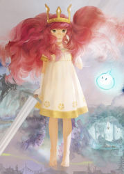 Rule 34 | 1girl, barefoot, brown eyes, child of light (game), crown, dress, gloves, hand in own hair, igniculus, long hair, matayoshi, pink hair, princess aurora, solo, sword, weapon