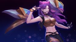 Rule 34 | 1girl, breasts, cleavage, highres, jacket, k/da (league of legends), k/da kai&#039;sa, kai&#039;sa, league of legends, lipstick, long hair, looking at viewer, makeup, medium breasts, navel, official alternate costume, parted lips, purple eyes, purple hair, smile, solo, standing