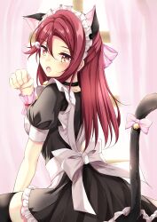 Rule 34 | 1girl, animal ears, apron, back bow, black choker, black dress, black thighhighs, blush, bow, brown eyes, cat ears, cat girl, cat tail, choker, commentary, cowboy shot, dress, fang, frilled apron, frills, hair between eyes, hair bow, highres, hoijin, kemonomimi mode, long hair, looking at viewer, looking back, love live!, love live! sunshine!!, maid, maid apron, maid headdress, open mouth, paw pose, pink bow, pink wrist cuffs, puffy short sleeves, puffy sleeves, red hair, sakurauchi riko, short sleeves, sidelocks, solo, tail, tail bow, tail ornament, thighhighs, white apron, white bow, wrist cuffs, zettai ryouiki