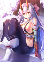 Rule 34 | 1girl, bare shoulders, blush, bow, breasts, fate/grand order, fate (series), gauntlets, hair between eyes, hair bow, headband, horns, iro ame (amewaagada), japanese clothes, long hair, looking at viewer, oni horns, red eyes, sideboob, silver hair, sitting, solo, tomoe gozen (fate)
