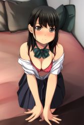 Rule 34 | 1girl, absurdres, black hair, black skirt, blush, bra, breasts, brown eyes, cleavage, closed mouth, highres, looking at viewer, matsunaga kouyou, medium breasts, nose blush, off shoulder, open clothes, open shirt, original, pillow, pleated skirt, polka dot, polka dot bra, red bra, shirt, short sleeves, skirt, smile, solo, underwear, white shirt