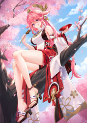 Rule 34 | 1girl, absurdres, animal ears, anklet, bare shoulders, barefoot, blush, breasts, commentary request, detached sleeves, earrings, feet, holding with feet, fox ears, genshin impact, hair ornament, high heels, highres, jewelry, lalazyt, large breasts, legs, long hair, looking at viewer, md5 mismatch, necklace, partial commentary, pendant, pink hair, purple eyes, red skirt, resolution mismatch, sidelocks, sitting, skirt, sleeveless, smile, source larger, tree, very long hair, wide sleeves, yae miko