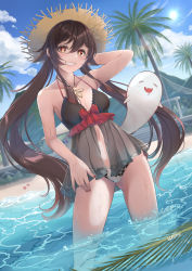 Rule 34 | 1girl, :d, absurdres, alternate costume, arm up, bare arms, bare shoulders, beach, bikini, black dress, blue sky, breasts, brown hair, cleavage, cloud, dress, closed eyes, fang, floral print, frilled bikini, frilled dress, frills, genshin impact, ghost, hat, highres, hu tao (genshin impact), jewelry, long hair, looking at viewer, navel, necklace, open mouth, outdoors, red eyes, sky, smile, standing, straw hat, summer, sundress, swimsuit, tank ryousaku, tree, twintails, wet