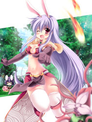 Rule 34 | 2girls, alternate costume, animal ears, black gloves, blue sky, blush, bra, breasts, rabbit ears, capelet, carrot, cleavage, cup, elbow gloves, female focus, fire, fire, forest, gloves, inaba tewi, long hair, looking at viewer, mage (ragnarok online), medium breasts, midriff, multiple girls, nature, navel, novice (ragnarok online), one eye closed, pelvic curtain, pink eyes, poring, purple eyes, purple hair, ragnarok online, red bra, reisen udongein inaba, revealing clothes, sakurano ru, short hair, sitting, skirt, sky, teacup, tentacles, thighhighs, touhou, underwear, upskirt, very long hair, white legwear, wink