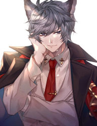 Rule 34 | 1boy, animal ears, blouse, blue eyes, blue hair, collared shirt, erune, face, formal, gloves, granblue fantasy, highres, iceselloum, jacket, jacket on shoulders, looking at viewer, male focus, necktie, nehan (granblue fantasy), red necktie, scar, shirt, short hair, simple background, smile, solo, tears, tie clip, white background, white shirt