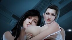 Rule 34 | 20s, 2girls, 3d, black bra, black hair, blender (medium), blonde hair, blue eyes, bra, breast hold, breast sucking, breasts, breasts out, ceiling, clothes pull, dress, dress pull, earrings, eyeshadow, female focus, final fantasy, final fantasy vii, final fantasy vii remake, from below, highres, holding, indoors, jewelry, large breasts, lights, long hair, looking at another, makeup, multiple girls, nail polish, negativecoresfm, nipple stimulation, nipple tweak, nipples, no bra, parted lips, red dress, red eyes, red nails, ring, satin, satin dress, scarlet (ff7), short hair, sleeveless, smirk, sports bra, square enix, tank top, tifa lockhart, uncensored, underwear, white tank top, yuri