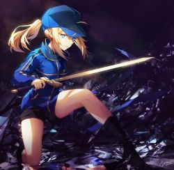 Rule 34 | 1girl, ahoge, artist name, artoria pendragon (fate), baseball cap, black footwear, black shorts, blonde hair, blue eyes, blue hat, boots, excalibur (fate/stay night), fate (series), full body, glass shards, hat, holding, holding sword, holding weapon, jacket, long hair, long sleeves, looking at viewer, mysterious heroine x (fate), on one knee, parted lips, ponytail, reflection, rin yuu, rojiura satsuki: chapter heroine sanctuary, shorts, sidelocks, signature, solo, sword, track jacket, twitter username, weapon