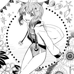Rule 34 | 1girl, absurdres, anchor, flower, greyscale, headgear, highres, hood, hood down, hoodie, jacket, kantai collection, long sleeves, mogamiya honu, monochrome, name tag, one-piece swimsuit, open mouth, seashell, shell, short hair, solo, sparkle, sunflower, swimsuit, yukikaze (kancolle)