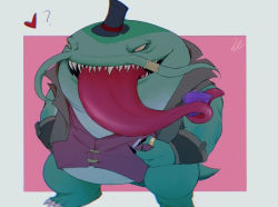Rule 34 | 1boy, ?, bad id, bad pixiv id, black hat, brown jacket, brown sclera, coin, colored sclera, colored skin, fish boy, fu shi, green skin, hat, heart, holding, holding coin, jacket, jewelry, league of legends, long tongue, pink background, ring, sharp teeth, solo, tahm kench, teeth, thumb ring, tongue, tongue out, top hat, vest, white background