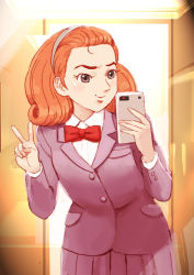 Rule 34 | 1960s (style), 1girl, attack no 1, bad id, bad pixiv id, cellphone, closed mouth, commentary request, coupy pencil (medium), forehead, hayakawa midori, highres, lafolie, long hair, mirror, oldschool, phone, reflection, retro artstyle, selfie, skirt, smile, solo, taking picture, tms entertainment, v
