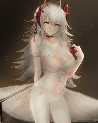 Rule 34 | 1girl, arknights, arm behind back, arm up, ballerina, bare shoulders, black choker, breasts, choker, cleavage, closed mouth, collarbone, covered navel, dress, feet out of frame, fingernails, hair ribbon, highres, horns, large breasts, leotard, long hair, looking at viewer, niuwajun, parted lips, ribbon, see-through, see-through dress, solo, standing, star (symbol), starry background, w (arknights), white dress, white hair, white leotard, yellow eyes
