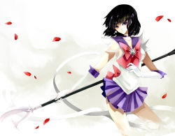 Rule 34 | 1990s (style), 1girl, bad id, bad pixiv id, bishoujo senshi sailor moon, black hair, bob cut, bow, brooch, choker, earrings, elbow gloves, gloves, holding, holding polearm, holding spear, holding weapon, jewelry, magical girl, miniskirt, nako, nako (nonrain), petals, polearm, purple eyes, purple skirt, red bow, retro artstyle, sailor saturn, silence glaive, skirt, solo, spear, staff, star brooch, tomoe hotaru, weapon, white gloves