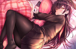 Rule 34 | 1girl, ass, bed sheet, black pantyhose, black serafuku, black shirt, black skirt, blanket, blush, cellphone, charm (object), closed mouth, commentary request, from above, hair ornament, hairclip, haruka natsuki, long hair, long sleeves, looking at viewer, lying, miniskirt, hugging object, on bed, on side, original, pantyhose, phone, pillow, pillow hug, pink sailor collar, pleated skirt, purple hair, sailor collar, school uniform, serafuku, shirt, skirt, smartphone, solo, very long hair, yellow eyes