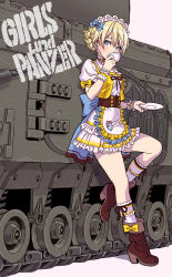 Rule 34 | 1girl, absurdres, alternate costume, apron, blonde hair, blue bow, blue eyes, boots, bow, braid, braided bun, brown footwear, churchill (tank), coco&#039;s, commentary, copyright name, cup, darjeeling (girls und panzer), drinking, emblem, frilled apron, frilled skirt, frills, girls und panzer, hair bow, hair bun, high heel boots, high heels, highres, holding, holding cup, holding stuffed toy, jacket, lace, lace-trimmed legwear, lace trim, layered skirt, leg up, maid headdress, md5 mismatch, military, military vehicle, motor vehicle, puffy short sleeves, puffy sleeves, resolution mismatch, shadow, shirt, short hair, short sleeves, skirt, sleeveless, sleeveless jacket, socks, solo, source larger, st. gloriana&#039;s (emblem), standing, standing on one leg, stuffed animal, stuffed toy, tank, teacup, waist apron, waitress, white apron, white background, white shirt, white socks, wristband, yamashita shun&#039;ya, yellow jacket