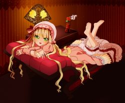 Rule 34 | 1girl, barefoot, blonde hair, blunt bangs, candy, chair, dress, edalie, feet, food, frills, gosick, green eyes, hat, indoors, lamp, leg lift, long hair, looking at viewer, lying, nightstand, on stomach, open mouth, solo, squirrel, vase, very long hair, victorica de blois, wavy hair