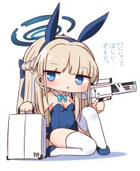 Rule 34 | 1girl, :o, animal ears, assault rifle, bare shoulders, blonde hair, blue archive, blue bow, blue eyes, blue footwear, blue hair, blue hairband, blue leotard, blush, bow, braid, breasts, bullpup, caseless firearm, chibi, collar, colored shoe soles, covered navel, detached collar, earpiece, fake animal ears, full body, gun, h&amp;k g11, hair bow, hairband, halo, hana kazari, headset, high-capacity magazine, highres, holding, holding gun, holding weapon, horizontal magazine, knee up, leotard, looking at viewer, medium breasts, multicolored hair, parted lips, playboy bunny, prototype design, rabbit ears, rifle, shoes, simple background, solo, strapless, strapless leotard, streaked hair, suitcase, thighhighs, toki (blue archive), toki (bunny) (blue archive), translation request, weapon, weapon request, white background, white collar, white thighhighs, wing collar, wrist cuffs