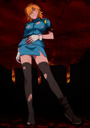 Rule 34 | 1girl, black thighhighs, blonde hair, blood, breasts, fire, from below, gloves, hair over one eye, hellsing, injury, large breasts, long legs, miniskirt, red eyes, sbel02, seras victoria, shoes, short hair, single shoe, skirt, thighhighs, torn clothes, uniform, vampire