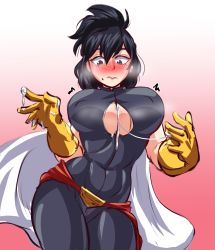 Rule 34 | 1girl, after paizuri, black eyes, black hair, blush, boku no hero academia, breasts, cape, clothing cutout, cum, gloves, gradient background, highres, large breasts, long hair, looking down, mole, mole under mouth, nonochton, ponytail, shimura nana, solo, underboob cutout, white cape, yellow gloves