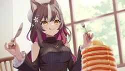 Rule 34 | 1girl, :q, animal ears, bare shoulders, black sweater, blurry, blurry background, breasts, brown hair, chisaka airi, colored inner hair, flower, food, fork, hair flower, hair ornament, hairpin, highres, holding, holding fork, holding knife, holding utensil, jewelry, knife, medium breasts, multicolored hair, multiple hairpins, necklace, pancake, pancake stack, phase connect, pink hair, red nails, ribbed sweater, second-party source, smile, solo, star (symbol), star necklace, streaked hair, sweater, tongue, tongue out, uni (maru231), virtual youtuber, white flower, white hair, white headwear, window, wolf ears, wolf girl, yellow eyes