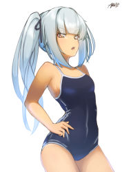 Rule 34 | 1girl, ayuman, black ribbon, blue one-piece swimsuit, collarbone, competition school swimsuit, competition swimsuit, covered navel, dated, flat chest, grey hair, hair between eyes, hair ribbon, hand on own hip, kantai collection, kasumi (kancolle), long hair, looking back, one-piece swimsuit, open mouth, ribbon, school swimsuit, side ponytail, signature, simple background, swimsuit, white background, yellow eyes