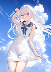 Rule 34 | 1girl, arm up, blue sky, blush, breasts, closed mouth, cloud, cloudy sky, covered navel, day, dress, food, highres, holding, holding food, licking lips, long hair, looking at viewer, mignon, neckerchief, original, outdoors, pink eyes, popsicle, sailor collar, sailor dress, see-through, shiro-chan (mignon), sky, sleeveless, sleeveless dress, small breasts, smile, solo, standing, tongue, tongue out, wet, wet clothes, wet dress, white dress, white hair