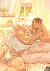 Rule 34 | 1boy, abs, absurdres, alternate costume, baimeme, bara, beard, brown hair, bulge, dungeon and fighter, earphones, elbow rest, facial hair, feet out of frame, happy, highres, large pectorals, listening to music, male focus, male priest (dungeon and fighter), mature male, midriff peek, muscular, muscular male, navel, nipples, on bed, pectorals, short hair, sideburns, sidepec, smile, solo, stomach, sunset, tank top, thick eyebrows, thick thighs, thighs, triceps, white tank top