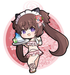 Rule 34 | 1girl, :d, animal ears, bare shoulders, bendy straw, bikini, blue archive, breasts, brown footwear, brown hair, chibi, cleavage, commentary request, cup, drink, drinking glass, drinking straw, floral background, food, full body, hair between eyes, halo, hands up, highres, holding, holding tray, long hair, maid headdress, nyaru (nyaru 4126), open mouth, pink bikini, purple eyes, shaved ice, shizuko (blue archive), shizuko (swimsuit) (blue archive), smile, solo, swimsuit, tray, twintails, very long hair