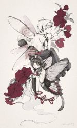 Rule 34 | 2others, androgynous, black hair, bug, butterfly, butterfly wings, candle, flower, ghost tail, highres, horns, hotaru kago, insect, insect wings, japanese clothes, len&#039;en, monochrome, multiple others, ogata garaiya, short hair, taira no chouki, wide sleeves, wings