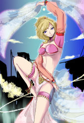 Rule 34 | 1girl, alternate costume, anklet, armpits, arms up, bikini, bikini top only, blonde hair, blue eyes, bracelet, breasts, bridal gauntlets, choker, cloud, cloudy sky, code geass, covered erect nipples, dancer, dancing, feet, female focus, hair up, jewelry, loincloth, long hair, lots of jewelry, medium breasts, midriff, milly ashford, ponytail, redblood, see-through, sky, smile, solo, swimsuit, thighhighs, tiara