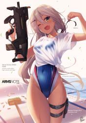 Rule 34 | 1girl, ;d, arms note, blurry, breasts, brown eyes, bullet casing, bullpup, commentary request, competition swimsuit, copyright name, covered navel, depth of field, fang, fukai ryosuke, grey hair, gun, hair ornament, hair ribbon, hairclip, handgun, highleg, highleg swimsuit, holster, long hair, looking at viewer, machine gun, machine pistol, one-piece swimsuit, one eye closed, open mouth, original, personal defense weapon, pistol, revision, ribbon, see-through, shirt, small breasts, smile, solo, submachine gun, swimming club kouhai (fukai ryousuke), swimsuit, swimsuit under clothes, thigh gap, thigh holster, thigh strap, tied shirt, trigger discipline, untying, very long hair, weapon, wet, wet clothes