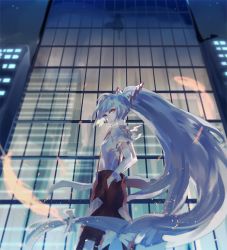 Rule 34 | 1girl, breasts, building, expressionless, eyelashes, feathers, fire, fire, fujiwara no mokou, glass, hair ribbon, hands in pockets, kotaro-nosuke, lights, long hair, looking at another, night, outdoors, pale skin, ponytail, red eyes, reflection, ribbon, shadow, skyscraper, solo, suspenders, torn clothes, torn sleeves, touhou, urban legend in limbo, usami sumireko, very long hair, white hair