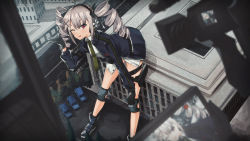 Rule 34 | 1girl, black footwear, black gloves, black jacket, boots, building, car, commission, drill hair, giant, giantess, girls&#039; frontline, gloves, green necktie, grey hair, hair ornament, headset, highres, jacket, knee pads, long hair, long sleeves, looking at viewer, motor vehicle, movie camera, necktie, one eye closed, open clothes, open jacket, open mouth, persocon93, pixiv commission, pp-90 (girls&#039; frontline), recording, red eyes, shirt, smile, twin drills, video camera, white shirt, x hair ornament
