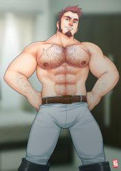 Rule 34 | 1boy, abs, absurdres, bara, beard, belt, blue eyes, brown hair, bulge, doctor anfelo, facial hair, fate/grand order, fate (series), hand on own hip, highres, long sideburns, male focus, muscular, napoleon bonaparte (fate), nipples, pants, pectorals, scar, simple background, smile, solo, teeth, thighs
