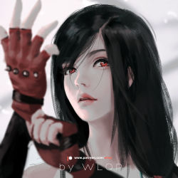 Rule 34 | 1girl, adjusting clothes, adjusting gloves, black hair, blurry, depth of field, final fantasy, final fantasy vii, fingerless gloves, gloves, grey background, highres, lips, parted lips, realistic, red eyes, red gloves, solo, swept bangs, tifa lockhart, twitter username, upper body, watermark, web address, wlop