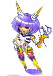 Rule 34 | 1girl, android, antennae, bob cut, breasts, claws, dark-skinned female, dark skin, dynatron (mighty no. 9), eyebrows, female focus, highres, horns, joints, light bulb, looking at viewer, mighty no. 9, purple hair, red eyes, robot, robot joints, see-through body, sharp teeth, short hair, smile, solo, standing, takenokonoko, teeth, yellow horns