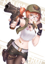 Rule 34 | 1girl, :q, ;q, absurdres, aiming, aiming at viewer, bandaid on stomach, belt, black gloves, blush, breasts, brown eyes, brown hair, cleavage, commentary, crop top, cropped jacket, eating, fingerless gloves, fio germi, food, glasses, gloves, gun, handgun, hands up, hat, heart, heart necklace, highres, holding, holding food, holding gun, holding weapon, jewelry, long hair, looking at viewer, lusan666, medium breasts, medium hair, metal slug, midriff, military hat, navel, necklace, one eye closed, orange hair, pantyhose, ponytail, rabbit ornament, rabbit pin, revolver, sandwich, short shorts, shorts, smile, solo, tank top, thighs, tongue, tongue out, torn clothes, torn pantyhose, torn shorts, weapon, white belt, white tank top, yellow eyes