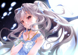Rule 34 | 1girl, bare arms, bare shoulders, commentary request, dress, finger to mouth, full moon, grin, hair ribbon, high ponytail, highres, idolmaster, idolmaster (classic), idolmaster million live!, idolmaster million live! theater days, index finger raised, jewelry, long dress, looking at viewer, moon, necklace, night, pearl necklace, pure onepiece (idolmaster), ribbon, senomoto hisashi, shijou takane, sky, sleeveless, sleeveless dress, smile, solo, star (sky), starry sky, sundress, upper body, white dress, white ribbon