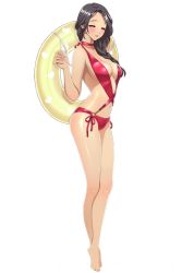 Rule 34 | 1girl, akinaga wakana, bare shoulders, barefoot, black hair, braid, breasts, casual one-piece swimsuit, cleavage, closed eyes, collarbone, drift girls, full body, hair over one eye, holding, innertube, jewelry, large breasts, long hair, necklace, official art, one-piece swimsuit, open mouth, red one-piece swimsuit, shiny skin, simple background, solo, swim ring, swimsuit, white background