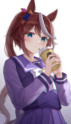 Rule 34 | 1girl, animal ears, blue eyes, blush, brown hair, commentary request, cup, disposable cup, drinking straw, gradient background, grey background, hair between eyes, holding, holding cup, horse ears, horse girl, horse tail, long hair, long sleeves, looking at viewer, multicolored hair, parted lips, pleated skirt, ponytail, purple shirt, purple skirt, school uniform, shirt, skirt, solo, streaked hair, tail, tokai teio (umamusume), tracen school uniform, umamusume, very long hair, white background, white hair, yoimoriyoru