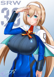 Rule 34 | 1girl, arm behind back, blonde hair, blue eyes, blush, bodysuit, breasts, capelet, closed mouth, commentary request, covered navel, dress, earrings, hairband, highres, jewelry, long sleeves, looking at viewer, low twintails, medium breasts, mitsuba greyvalley, pantyhose, shiny clothes, short dress, simple background, smile, solo, super robot wars, super robot wars 30, takamine nadare, turtleneck, twintails, uniform