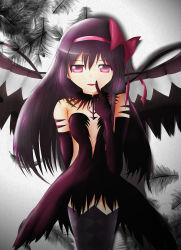 Rule 34 | 10s, 1girl, absurdres, akemi homura, akuma homura, argyle, argyle clothes, argyle legwear, bare shoulders, black gloves, black hair, black wings, bow, choker, dress, elbow gloves, feathered wings, feathers, finger to mouth, gloves, gradient background, hair bow, highres, long hair, looking at viewer, mahou shoujo madoka magica, mahou shoujo madoka magica: hangyaku no monogatari, purple eyes, shushing, simple background, smile, solo, spoilers, thighhighs, wings, zettai ryouiki