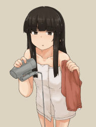 Rule 34 | 1girl, black hair, blunt bangs, brown eyes, chagamaka, commentary request, cowboy shot, flat chest, grey background, grey towel, hair dryer, hatsuyuki (kancolle), highres, hime cut, holding, holding clothes, kantai collection, long hair, naked towel, simple background, solo, standing, towel, wet, wet hair