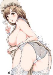 Rule 34 | 10s, 1girl, ass, asymmetrical bangs, bad id, bad pixiv id, bent over, braid, breasts, brown eyes, brown hair, cameltoe, clothes lift, condom, covered erect nipples, cowboy shot, dress, dress lift, fishnet panties, garter straps, hat, hataraku saibou, highres, holding, holding condom, lace, lace-trimmed legwear, lace-trimmed panties, lace trim, large breasts, lips, long hair, looking at viewer, macrophage (hataraku saibou), mob cap, no bra, open mouth, panties, sideboob, signature, simple background, skindentation, sleeveless, solo, thighhighs, underwear, white background, white thighhighs, xter