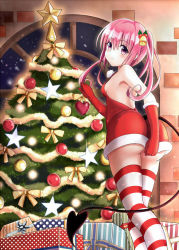 Rule 34 | 1girl, ass, christmas, christmas tree, demon tail, gloves, long hair, nana asta deviluke, pink hair, purple eyes, solo, striped clothes, striped thighhighs, tail, thighhighs, to love-ru, twintails, xyomouse