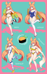 Rule 34 | 1girl, :d, bare shoulders, barefoot, bikini, black choker, blazer, blue eyes, blue footwear, breasts, brown jacket, character sheet, choker, cleavage, cleavage cutout, clothing cutout, collarbone, covered navel, dress shirt, full body, highres, jacket, large breasts, long hair, miyano ururu, multiple views, navel, one-piece swimsuit, open clothes, open jacket, open mouth, orange hair, original, personification, ponytail, sandals, school swimsuit, shirt, shoes, smile, sneakers, striped bikini, striped clothes, swimsuit, thighhighs, twintails, uwabaki, very long hair, white footwear, white shirt, white thighhighs, yellow footwear, yellow jacket