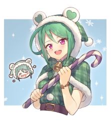 Rule 34 | 1girl, :d, animal hood, bell, belt, blush, bow, bracelet, brown belt, candy, candy cane, capelet, chibi, chibi inset, closed eyes, cropped torso, dolldolldd, food, fur-trimmed capelet, fur-trimmed hood, fur trim, green bow, green capelet, green hair, hair between eyes, hands up, highres, holding, holding candy, holding candy cane, holding food, hood, hood up, jewelry, kiratto pri chan, looking at viewer, midorikawa sara, open mouth, pink eyes, plaid capelet, pretty series, short hair, smile, snowflakes, solo, upper body