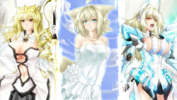 Rule 34 | 3girls, animal ears, armor, armored dress, bare shoulders, blonde hair, blue eyes, breasts, cleavage, covered navel, crown, dress, covered erect nipples, fox ears, fox tail, gold, highres, huge weapon, jewelry, juno charis (pso2), large breasts, looking at viewer, minarai tenna, multiple girls, narulala, navel, necklace, phantasy star, phantasy star online 2, red eyes, robot ears, shouting, sparkle, sword, tail, weapon, wedding dress, wings