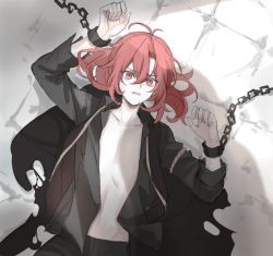 Rule 34 | chain, diluc (genshin impact), fylus, genshin impact, hair between eyes, hand chains, long hair, muscular, muscular male, open mouth, pants, ponytail, red eyes, red hair, shirt, solo, yaoi