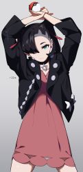 Rule 34 | 1girl, arms up, asymmetrical bangs, bad id, bad twitter id, black choker, black hair, black jacket, choker, closed mouth, collarbone, commentary, creatures (company), dress, earrings, game freak, green eyes, hair ribbon, highres, holding, holding poke ball, jacket, jewelry, koyama miki, legs apart, looking at viewer, marnie (pokemon), nintendo, open clothes, open jacket, pink dress, poke ball, poke ball (basic), pokemon, pokemon swsh, red ribbon, ribbon, signature, solo, symbol-only commentary